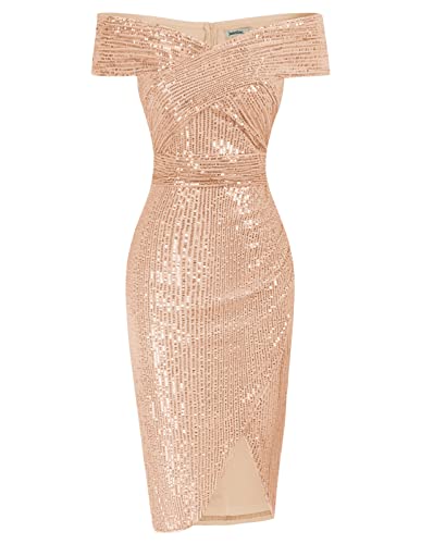 JASAMBAC Womens Off Shoulder Party Dresses Slit Bodycon Prom Dress Evening Cocktail Dress Gold