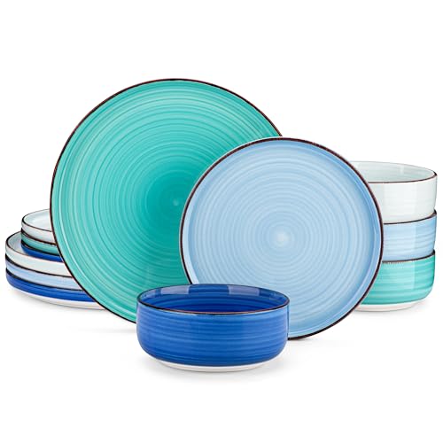 vancasso Bonita Blue Dinnerware Sets, Plates and Bowls Set for 4, 12 Pieces Stoneware Dinnerware Set, Dishwasher and Microwave Safe