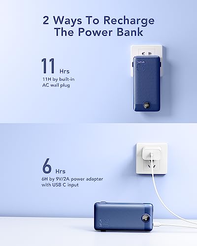 VRURC Portable Charger 20000mAh, Fast Charging Power Bank USB C,4 Output 2 Input Charging Bank Equipped with LED Display,Built-in Wall Plug and Cables,Cell Phone Replacement Battery,Blue