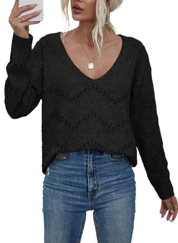 EVALESS Womens Sweaters Summer Tops for Women 2025 Trendy Teacher Outfits Crochet Sweaters Fall Clothes Dressy Casual Lightweight Cable Knit Tops Sexy V Neck Green Pullover Sweater, Medium