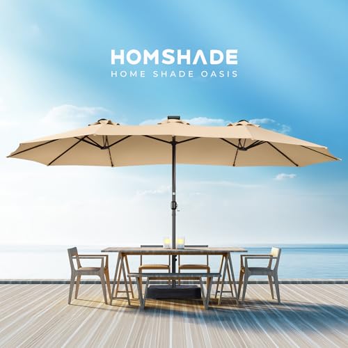 HOMSHADE Double Sided Patio Umbrellas - 15ft Solar Lights LED Lighted Outdoor Extra Large Market Table Umbrella with Base Included, Oversized Umbrella for Deck, Pool, Backyard (Navy Blue)