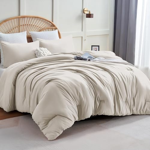 CozyLux Beige Comforter Set Twin/Twin XL Size, 2 Pieces Twin Extra Long Boho Solid Breathable Quilted Style Bedding Sets, Luxury Fluffy Soft Microfiber Comforter All Season(1 Comforter & 1 Pillowcase)