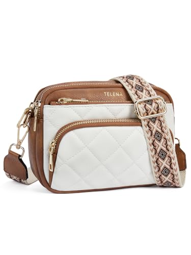 Telena Crossbody Bags for Women Small Crossbody Handbags Quilted Purse with Guitar Strap Beige with Brown