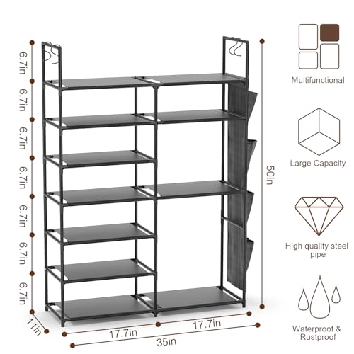 Kottwca 7 Tiers Shoe Rack Metal Shoe Organizer for Entryway Closet, 24-28 Pairs Stackable Shoe and Boots Shelf Storage Cabinet with Hooks and Side Hanging Pockets for Bedroom, Garage, Black