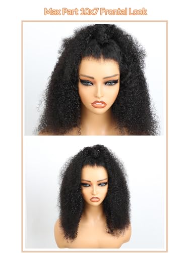 Domiso Glueless10x7 M-Cap Max Part HD Lace Pre Cut Afro Kinky Curly Wig Human Hair Knots Bleached Glueless Wigs Human Hair Pre Plucked Pre Cut Lace Wig Glueless Wigs Big Fluffy Curl 16 Inch