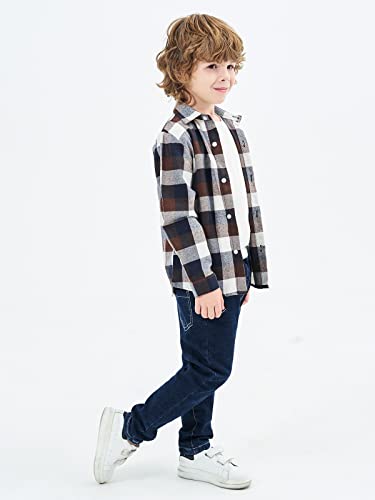 OCHENTA Big Kids Boys' Button Down Flannel Plaid Shirt Boy Long Sleeve Christmas Outfit E003 Coffee 150 7-8 Years