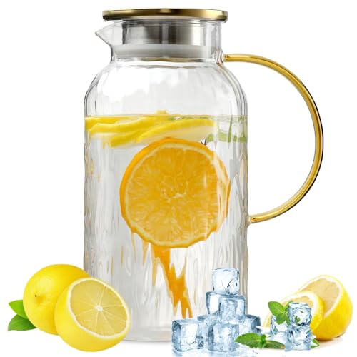 Wlasss Glass Pitcher with Lid, 68 oz Glass Pitcher, Heat Resistant Glass Pitchers with Handle and Lid for Juice, Coffee, Milk, Cold or Hot Beverages, Easy To Clean