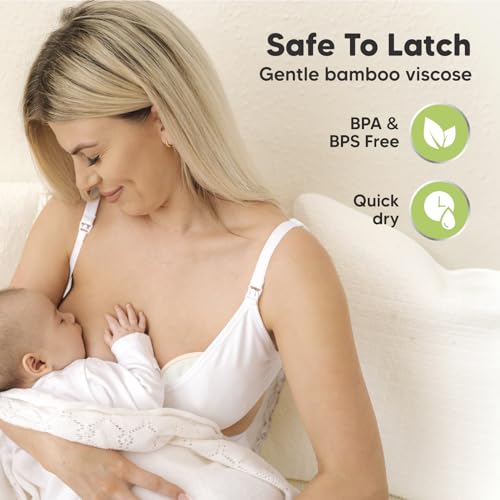 Organic Breast Pads - 14 Viscose Derived from Bamboo Washable Pads + Wash Bag, 3-Layers Breastfeeding Nipple Pad for Maternity, Reusable Nipplecovers for Breast Feeding(Soft White Lite, XL 5.5")