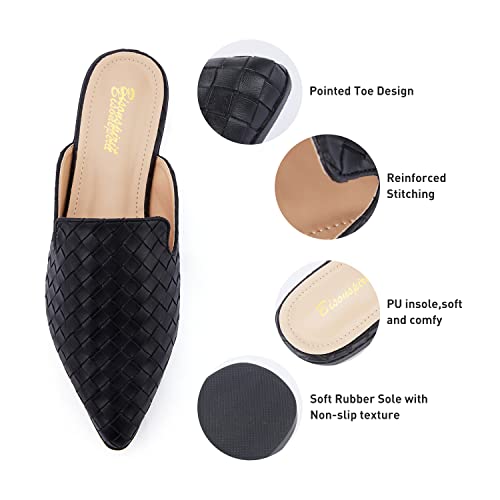 BISON SPIRIT Mules for Women Flats Pointed Toe Slip On Slides Loafer Shoes (Metal Chain-Black PU,8.5)