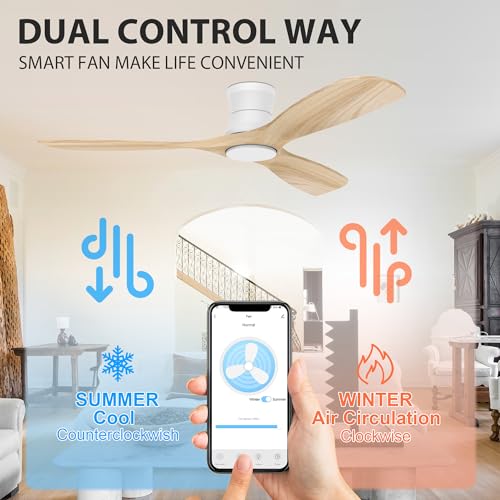Livory Smart 52” Wood Flush Mount Ceiling Fans with Lights and Remote,Quiet DC Motor,Outdoor Indoor Ultra Low Profile Ceiling Fan works with Alexa WIFI APP,Modern White Ceiling Fan for Bedroom Patio