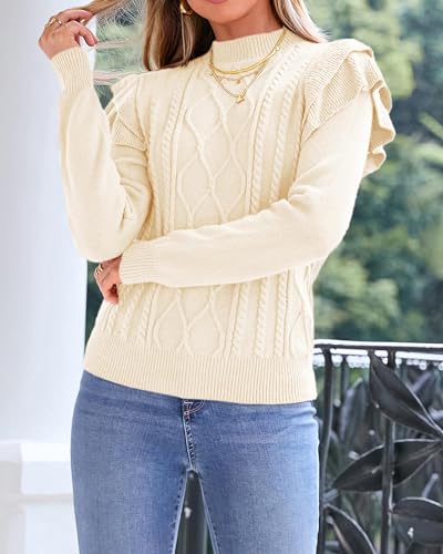 KIRUNDO Women's 2024 Fall Winter Fashion Ruffle Long Sleeve Chunky Cable Knit Sweater Casual Crew Neck Ribbed Pullover Beige White