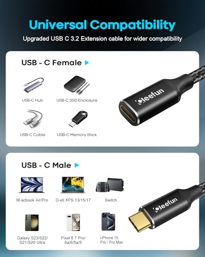 CLEEFUN USB C Extension Cable 1.5ft, USB C 3.2 Male to USB C Female Extension Cable, 10Gbps Data & 4K Video Sync Transfer USB C Extender Cable 100W Fast Charging for USBC Hub, Laptop, Tablet, Phone