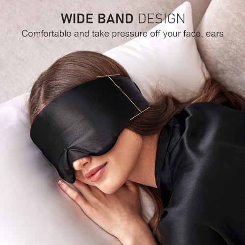 LitBear Silk Sleep Mask, Eye Mask Sleeping for Women Men Side Sleeper, 22 Momme Mulberry Silk Light Blocking Sleeping Mask, Face-Hugging Padded Silk Eye Cover with Adjustable Band (Black)