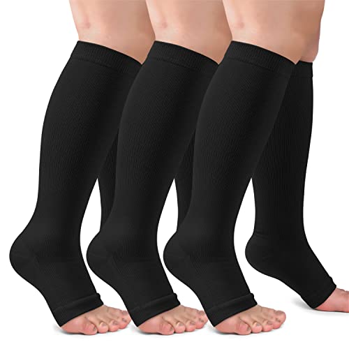 3 Pack Plus Size Open Toe Compression Socks for Women & Men Wide Calf, Toeless Knee High Stockings for Circulation Support, Black Nude Brown XX-Large