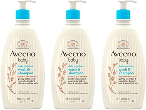 Aveeno Baby Daily Moisture Gentle Body Wash & Shampoo with Oat Extract, 2-in-1 Baby Bath Wash & Hair Shampoo, Tear- & Paraben-Free for Hair & Sensitive Skin, Lightly Scented, 18 fl. oz