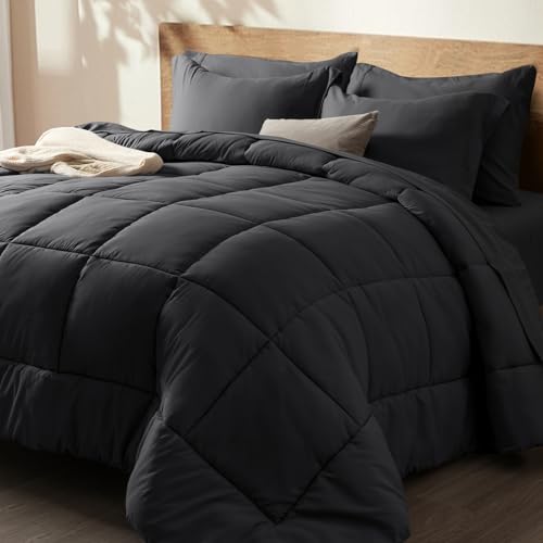 PHF 5 Pieces Twin Comforter Set Black, Bed in a Bag Comforter & 18" Sheet Set All Season, Ultra Soft Noiseless Bedding Sets with Comforter, Sheets, Pillowcase & Sham