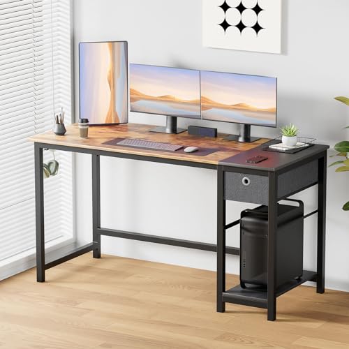 DUMOS Computer Desk with Drawers 48 Inch Office Bedroom Kids Writing Work Study 2-Tier Storage Drawers & Shelf Simple Modern Wood PC Table