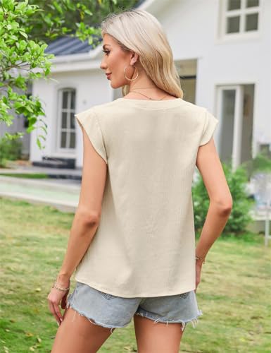 Textured Tops for Women V Neck Business Casual Outfits Cap Sleeve Shirt for Women 2024 Summer Western Shirts Dressy Casual Tops Apricot S