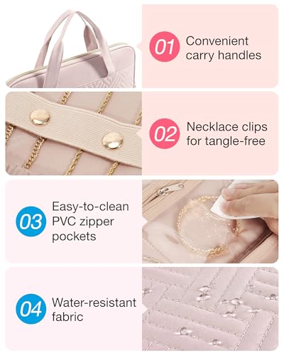 BAGSMART Travel Jewelry Case, Hanging Roll Jewelry Bag with Zipper Pockets Jewelry from Oxidation, Large Capacity for Earrings, Necklaces, Rings on Closet, Wall, Door, Portable Travel Essentials, Pink