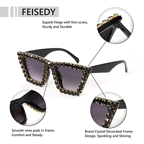 FEISEDY Women Crystal Square Cat Eye Sunglasses Sparkling Trendy Retro Cateye Sunglasses B2898