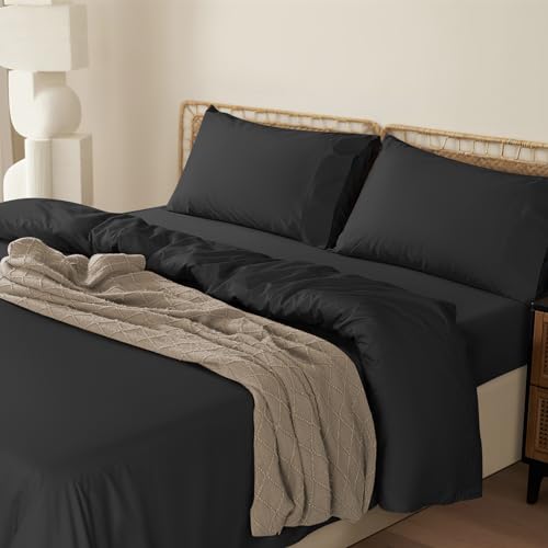 LBRO2M 1000 Thread Count 100% Egyptian Cotton Sheets Set,Full Size Bed Sheet 4 Piece Sets,Long Staple,16 Inches Deep Pocket,All Season,Bedding Super Soft Breathable,Sateen Weave (Black)