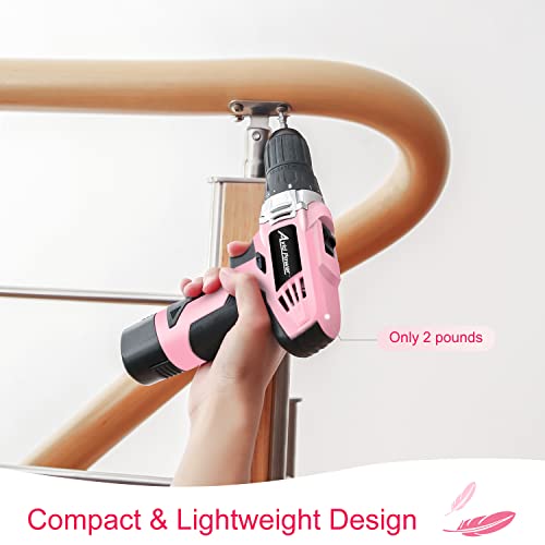 AVID POWER Cordless Drill Pink, 12V Power Drill Set with 22pcs Impact Driver Bits, 2 Variable Speed, 3/8'' Keyless Chuck, 15+1 Torque Setting (Pink)