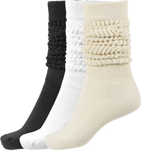 BomKinta Slouch Socks Women Thigh High Boot Socks Soft Scrunch Socks Size 5-11 3 Pair Pack Black White Cream