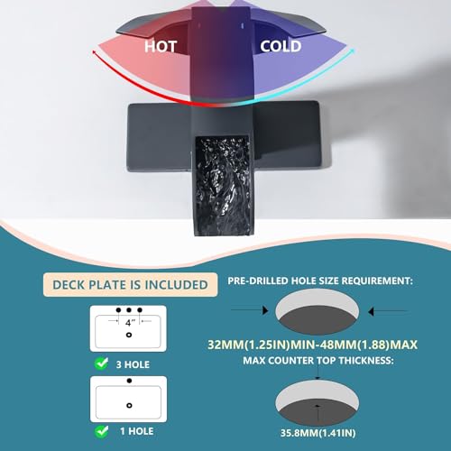 Brushed Nickel Waterfall Bathroom Faucets, High-Flow Bathroom Faucets 1 Hole, Single Handle Bathroom Sink Faucet, Modern Vanity Faucet with Pop Up Drain and Water Supply Lines