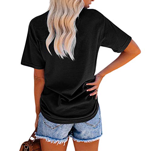 NIUBIA Women's Letter Print Basic Crew Neck Tee Summer Short Sleeve T-Shirt with Pockets Loose Fitting Tops Black