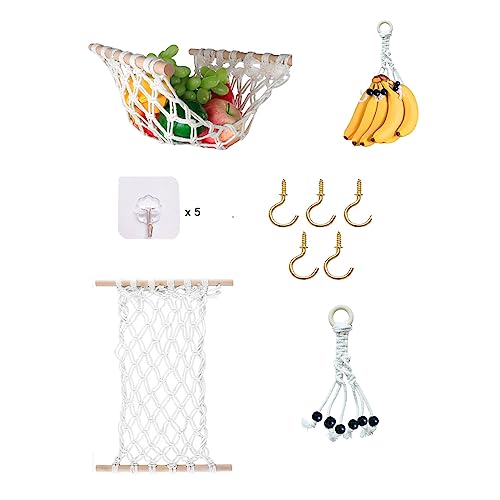 yuxiaoshi Fruit Basket Hammock Under Cabinet Woven Vegetable Hanging Basket with Banana Hanger Fruit Storage for Kitchen Mesh Fruit Holder Organization for Home Dining Room Decor (Black)