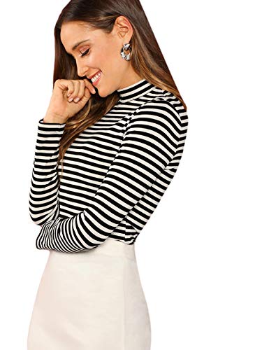 Floerns Women's Mock Turtleneck Long Sleeve Slim Fit Stretch Striped T-Shirts Tunic Tops Fall Fashion Trendy Outfits Clothes Multi Striped S