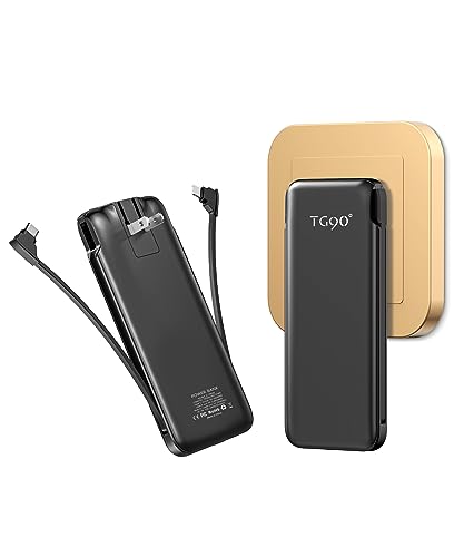 TG90° 10000mah Portable Charger with Built in Cables and AC Wall Plug, All in One Portable Phone Charger External Battery Packs Compatible with iPhone and Android Phones