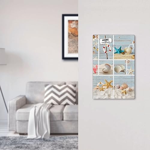 Xuejiaku Decorative Outlet Covers Beachy Starfish Seashell Blue Wood Board 4 Gang Wall Plate Quad Rocker Decora Light Switch Cover Plate Jumbo Electrical Faceplate GFCI for Barhroom Decor