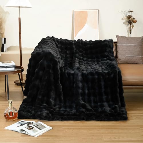 Moenchy Faux Fur Black Throw Blacket for Couch - Super Soft Heavy Flufyy Thick Bubble Throw Blankets for Bed Bedroom Living Room Farmhouse Sofa Chair Fall Winter Warm, 50x60 Inch