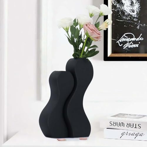 Modern Black Ceramic Vases Set of 2,Twisted Shape Pampas Flower Vase Curved splicable Design Decorative Vase for Flower Living Room, Bedroom, Bookshelf, Fireplace, Coffee Table, Office (Black)