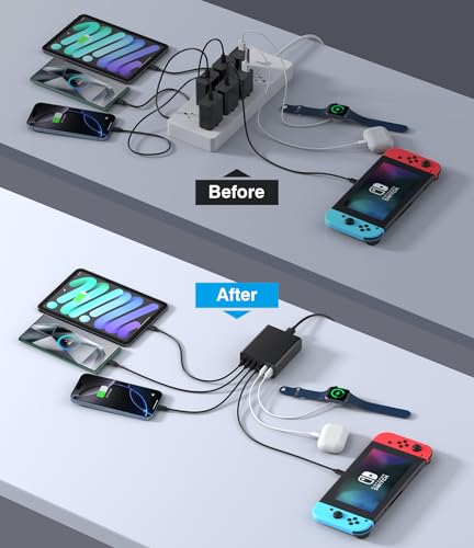 USB C Fast Charger 100W GaN Compact Charging Station 6 Port USB Type C Charging Block Hub Power Strip, 4 PD USB C 2 QC USB A Wall Charger for iPad iPhone 15 14 13 12 11 Pro Max Pixel Note Galaxy