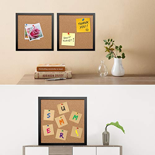 AkTop Cork Board Bulletin Board 12x12, Black Framed Corkboard 4 Pack, Small Square Pin Board for Wall, Mini Thick Cork Tiles with 16 Push Pin Wood Clips for School, Home & Office