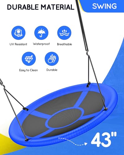 43" Saucer Tree Swing for Kids Adult, 700lbs Weight Capacity, Waterproof Flying Saucer Swing with Adjustable Hanging Straps, Swing Seats for Backyard Outdoor Indoor Playground, Blue