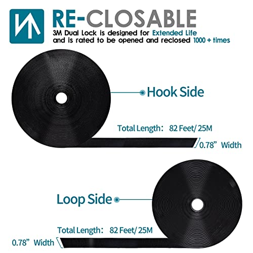 0.75 Inch x 82 Feet Black Self Adhesive Hook and Loop Tape Sticky Back Fastening Roll, Nylon Self-Adhesive Heavy Duty Strips Fastener for Home Office School Car and Crafting Organization - Black