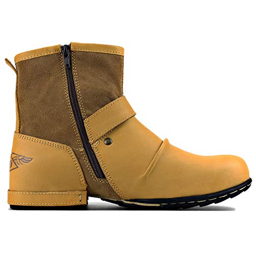OSSTONE Moto Boots for Men Fashion Zipper-up Leather Chukka Boots Casual Shoes 5008-1-F-13 Beige