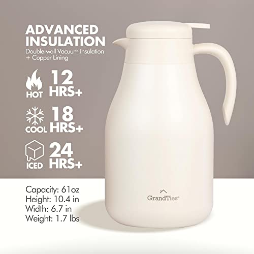 GrandTies 61oz Stainless Steel Thermal Coffee Carafe - Insulated Double Walled Vacuum Coffee Thermos, Coffee Pot, Hot Water Dispenser - Thermos for Hot Drinks, 12 Hour Heat Retention (Ivory White)