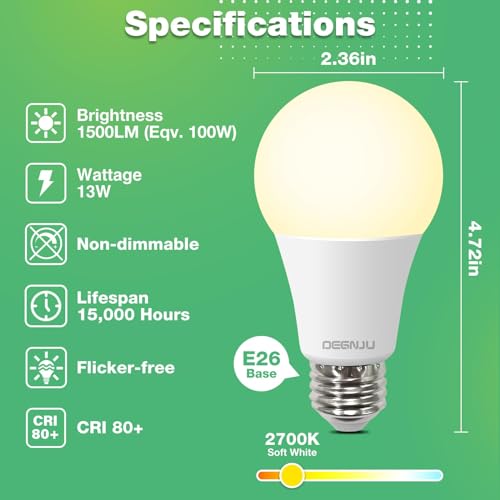 DEGNJU 100W Equivalent A19 5000K Daylight LED Light Bulbs, 1500 Lumens, E26 Base, Non-Dimmable, 13W Bright White for Bedroom Home Office, 3 Pack