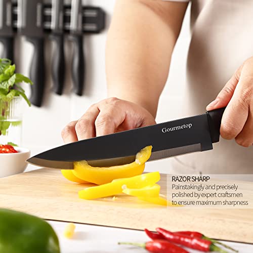 Gourmetop Kitchen Knife Set with No Drilling Magnetic Strip, Knives Set for Kitchen Black Cooking Knives, Sharp Stainless Steel Chef Knife Set for Cutting Meat & Vegetable, Small Knife Set