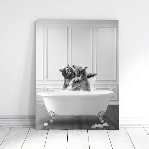 Funny Bathroom Decor Wall Art Black and White Canvas Prints Two Bears Fighting in Bathtub Rustic Style Animal Poster Artwork for Bathroom Powder Room Restroom Decoration Farmhouse Wall Decor 12x16inch