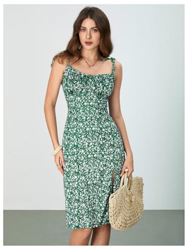 WDIRARA Women's Floral Print Tie Shoulder Split Thigh Sleeveless Boho Cami Dress Blue XL