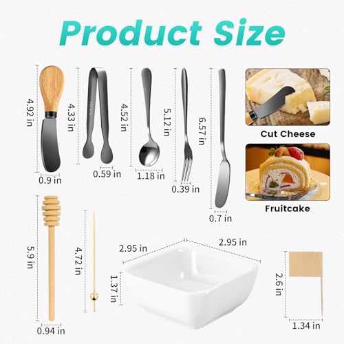 Charcuterie Board Accessories With 3 Oz Ceramic Dip Bowls, Wooden Handle Black Cheese Spreader Butter Knive Set Kit, Mini Tongs, Spoons, Forks,Honey Dipper, Cocktail Picks