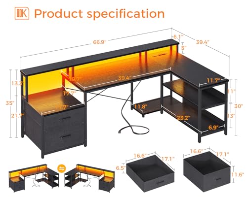 ODK L Shaped Desk with File Drawer, 66" Reversible L Shaped Computer Desk with Power Outlet & LED Strip, Home Office Desk with Storage Shelves, Gaming Desk with Monitor Shelf, Corner Desk, Black