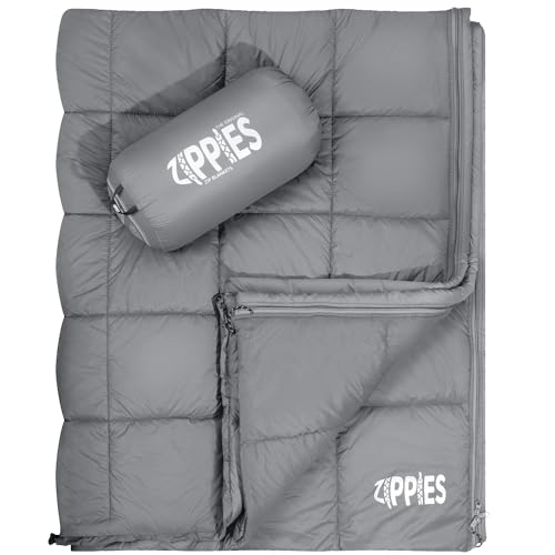 ZIPPIES 3M Thinsulate Insulation Puffy Camping Blanket for Cold Weather, Warm & Packable Camping Quilt with Zipper, Waterproof Outdoor Blanket for Hammock, Travel, Stadium, Gray