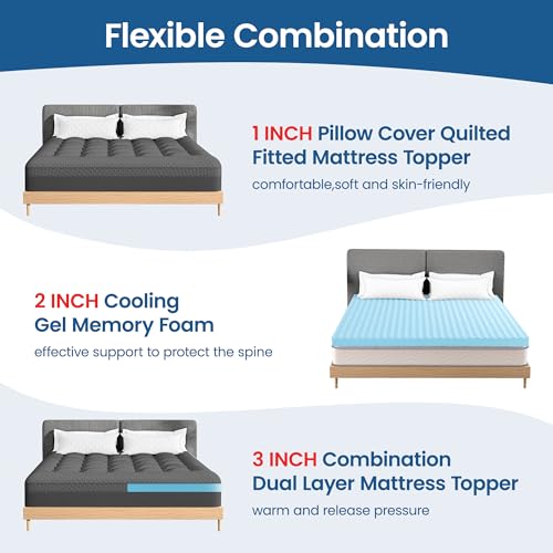 Pillow Top Mattress Topper Twin Size, AprLeaf 3 Inch Dual Layer Mattress Topper, 1 Inch Cooling Pillow Topper and 2 Inch Gel Memory Foam Mattress Topper for Back Pain