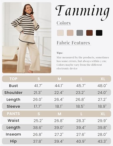 Tanming Women's Sweater Sets Long Sleeve Striped Jumper Tops Casual Knit Wide Leg Pants Sets (Beige-S)